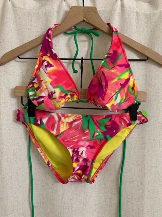 Other - Women’s 90’s Vintage Pink Water color Green Floral Tie-Halter Bikini Set Neon M